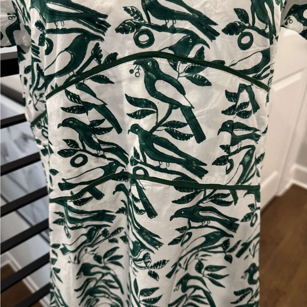 NWT Ex Voto 100% Cotton White Green Bird Block Printed Maxi Dress Green SZ M - Picture 4 of 12